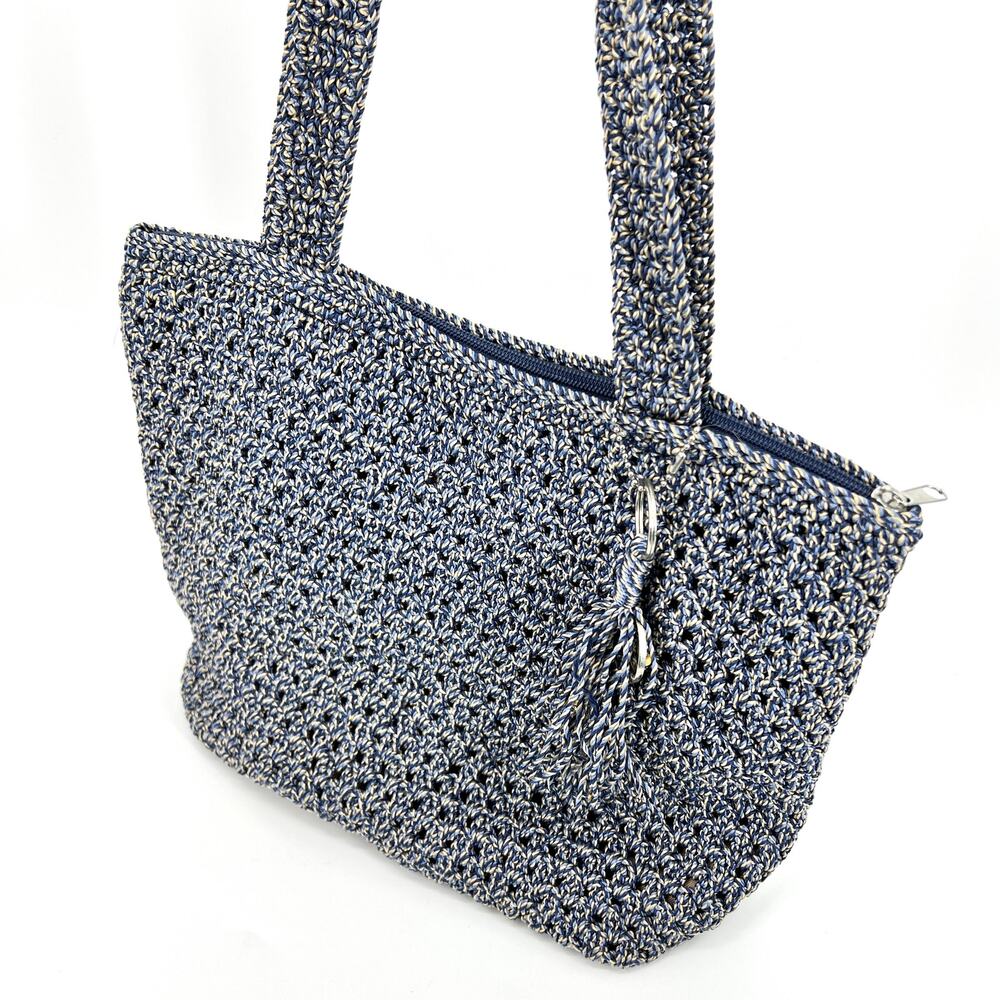 The SAK Crochet Knit Purse Blue Shoulder Bag Tote Double Handle Charm Lined
